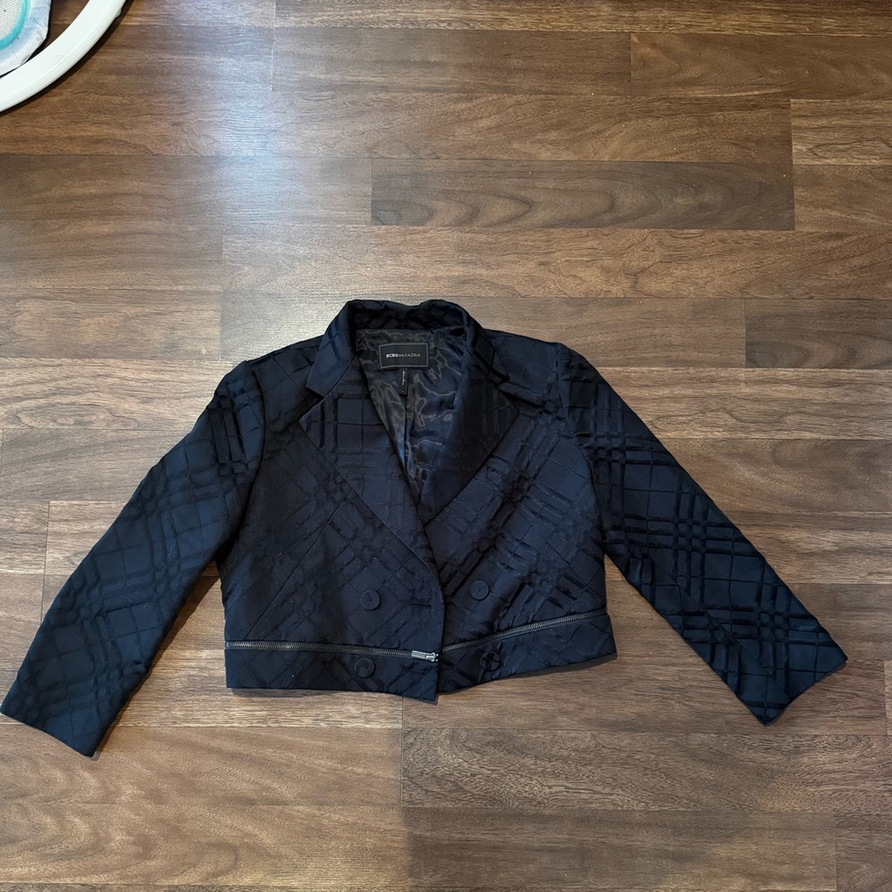 BCBG Black Cropped Plaid Design Women's Blazer - Size Large